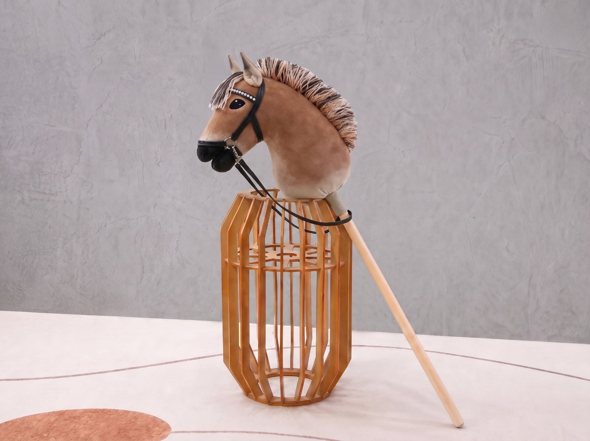 Dun Fjord Stick Horse Toy, Buckskin Hobby Horse for Kids Pretend Play, Rhinestone Halter Included, Horse Lover Gift
