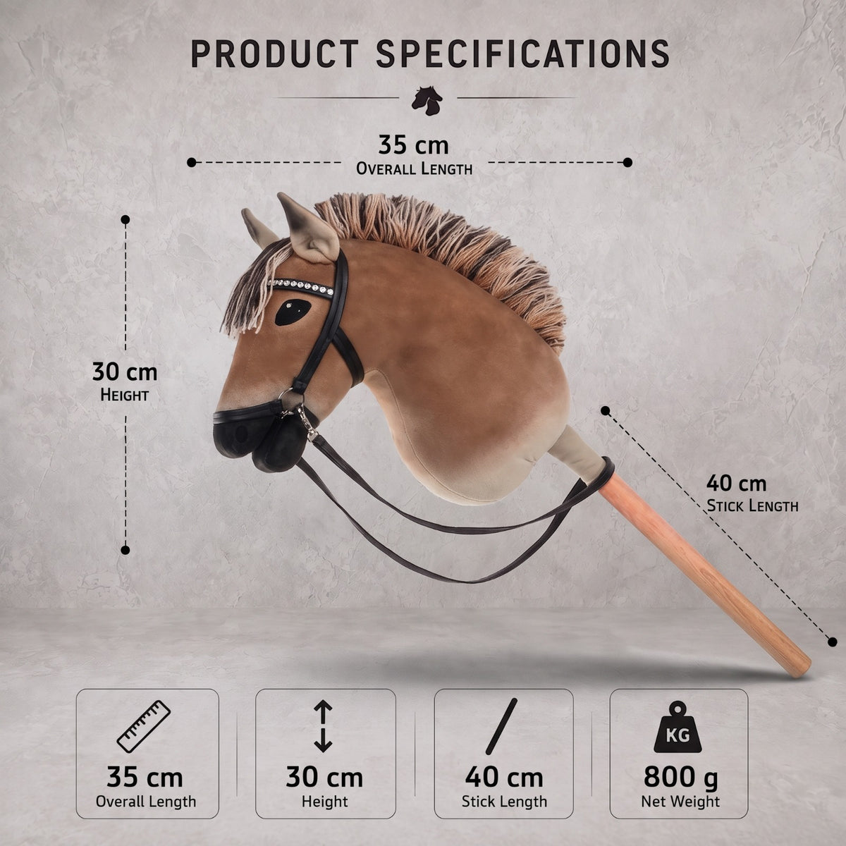 Dun Fjord Stick Horse Toy, Buckskin Hobby Horse for Kids Pretend Play, Rhinestone Halter Included, Horse Lover Gift