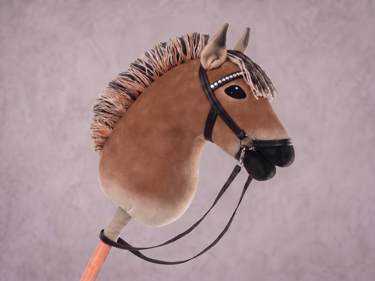 Dun Fjord Stick Horse Toy, Buckskin Hobby Horse for Kids Pretend Play, Rhinestone Halter Included, Horse Lover Gift