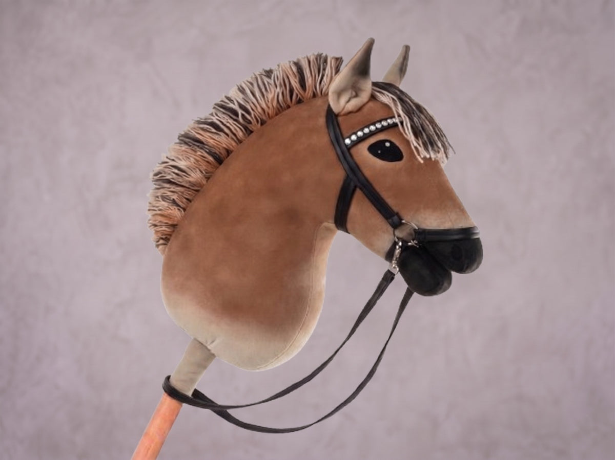 Dun Fjord Stick Horse Toy, Buckskin Hobby Horse for Kids Pretend Play, Rhinestone Halter Included, Horse Lover Gift