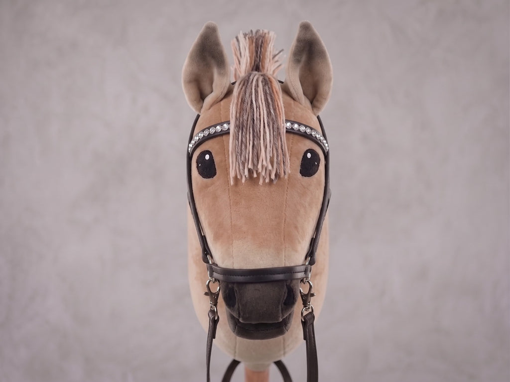 Dun Fjord Stick Horse Toy, Buckskin Hobby Horse for Kids Pretend Play, Rhinestone Halter Included, Horse Lover Gift