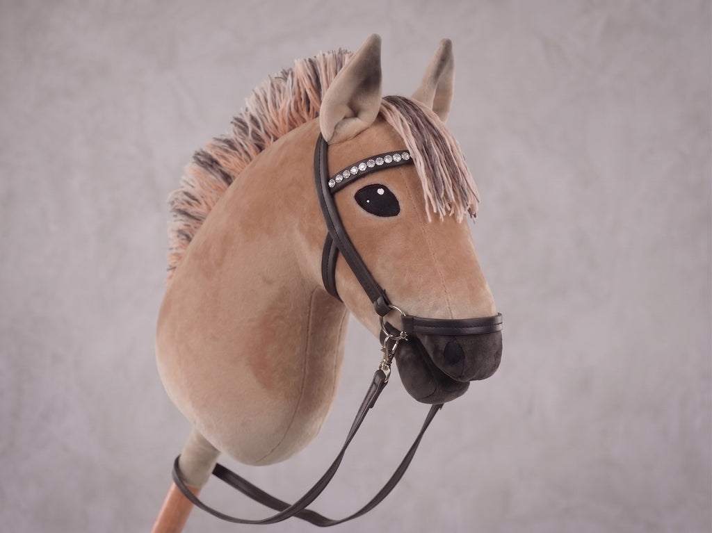 Dun Fjord Stick Horse Toy, Buckskin Hobby Horse for Kids Pretend Play, Rhinestone Halter Included, Horse Lover Gift