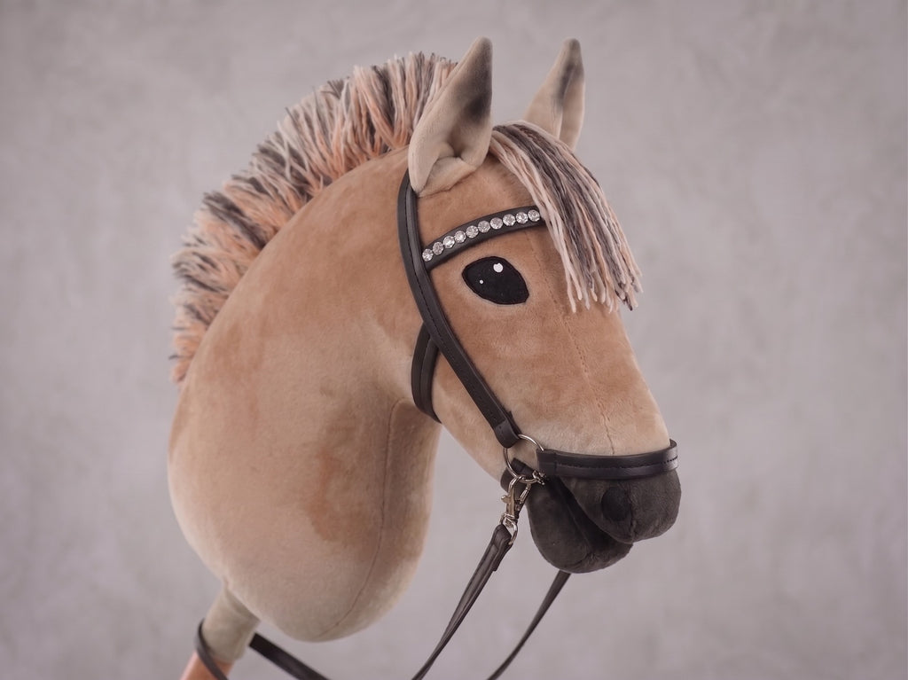 Dun Fjord Stick Horse Toy, Buckskin Hobby Horse for Kids Pretend Play, Rhinestone Halter Included, Horse Lover Gift