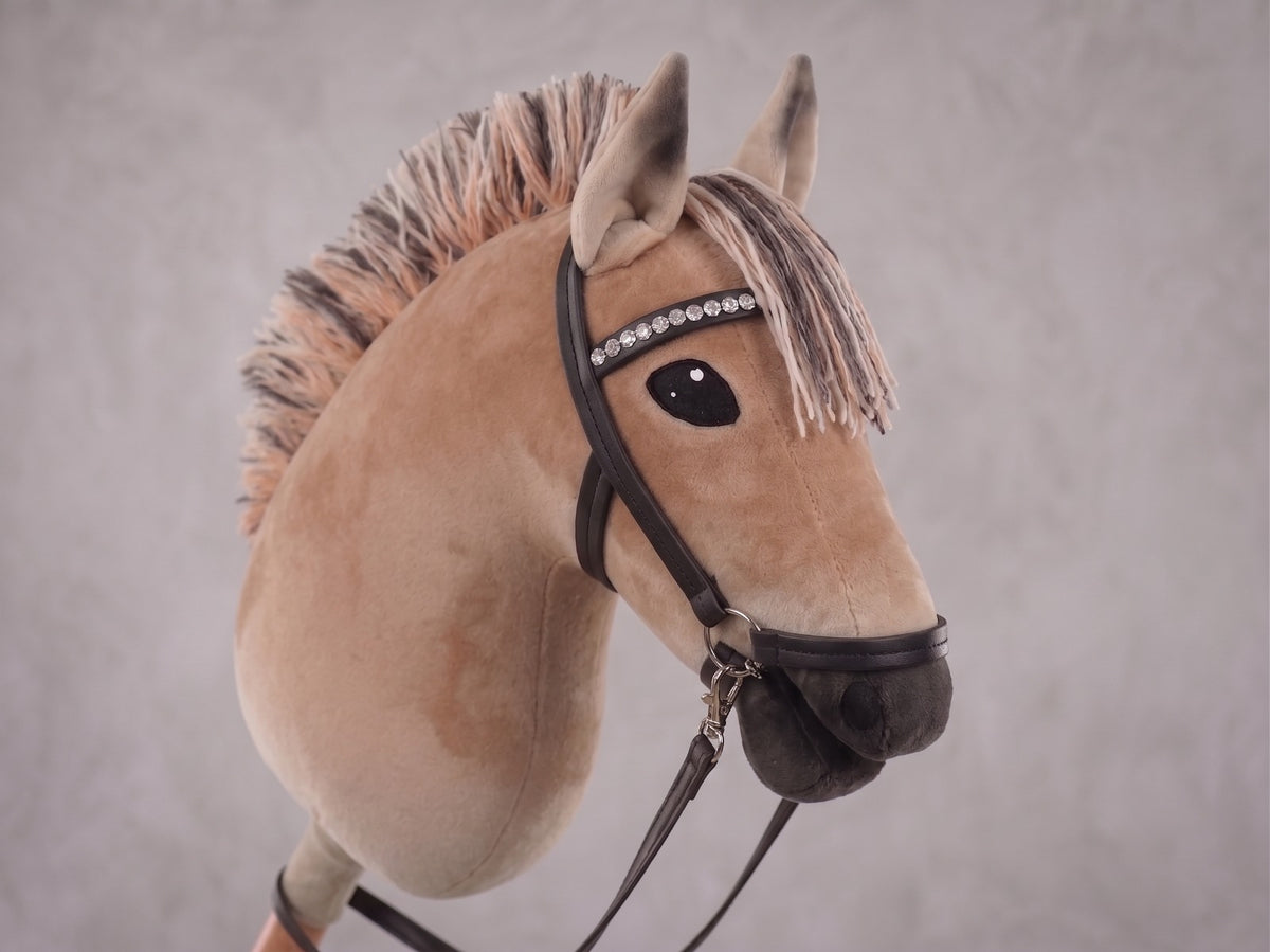 Dun Fjord Stick Horse Toy, Buckskin Hobby Horse for Kids Pretend Play, Rhinestone Halter Included, Horse Lover Gift