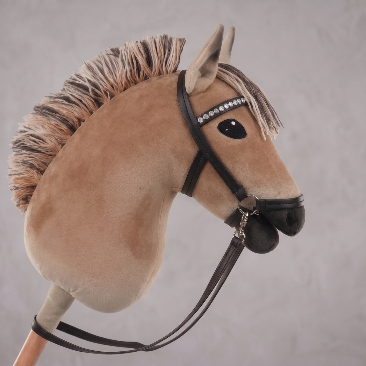 Dun Fjord Stick Horse Toy, Buckskin Hobby Horse for Kids Pretend Play, Rhinestone Halter Included, Horse Lover Gift
