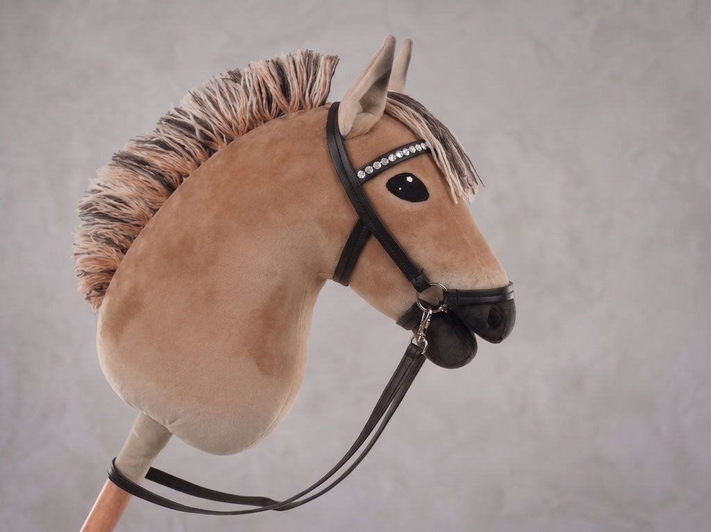 Dun Fjord Stick Horse Toy, Buckskin Hobby Horse for Kids Pretend Play, Rhinestone Halter Included, Horse Lover Gift