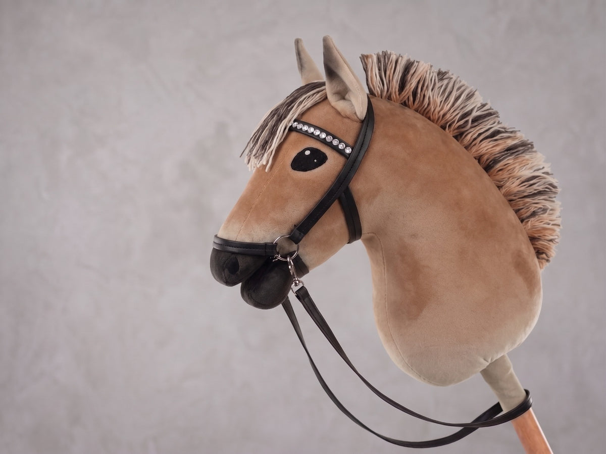 Dun Fjord Stick Horse Toy, Buckskin Hobby Horse for Kids Pretend Play, Rhinestone Halter Included, Horse Lover Gift