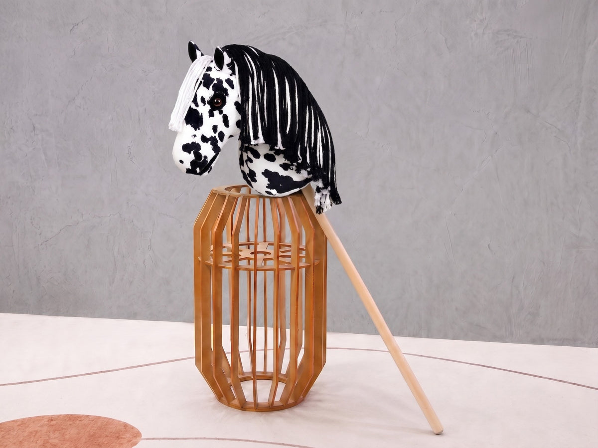 Spotted Stick Horse Toy, Black and White Appaloosa Hobby Horse for Kids Pretend Play, Free Halter Included, Horse Lover Gift