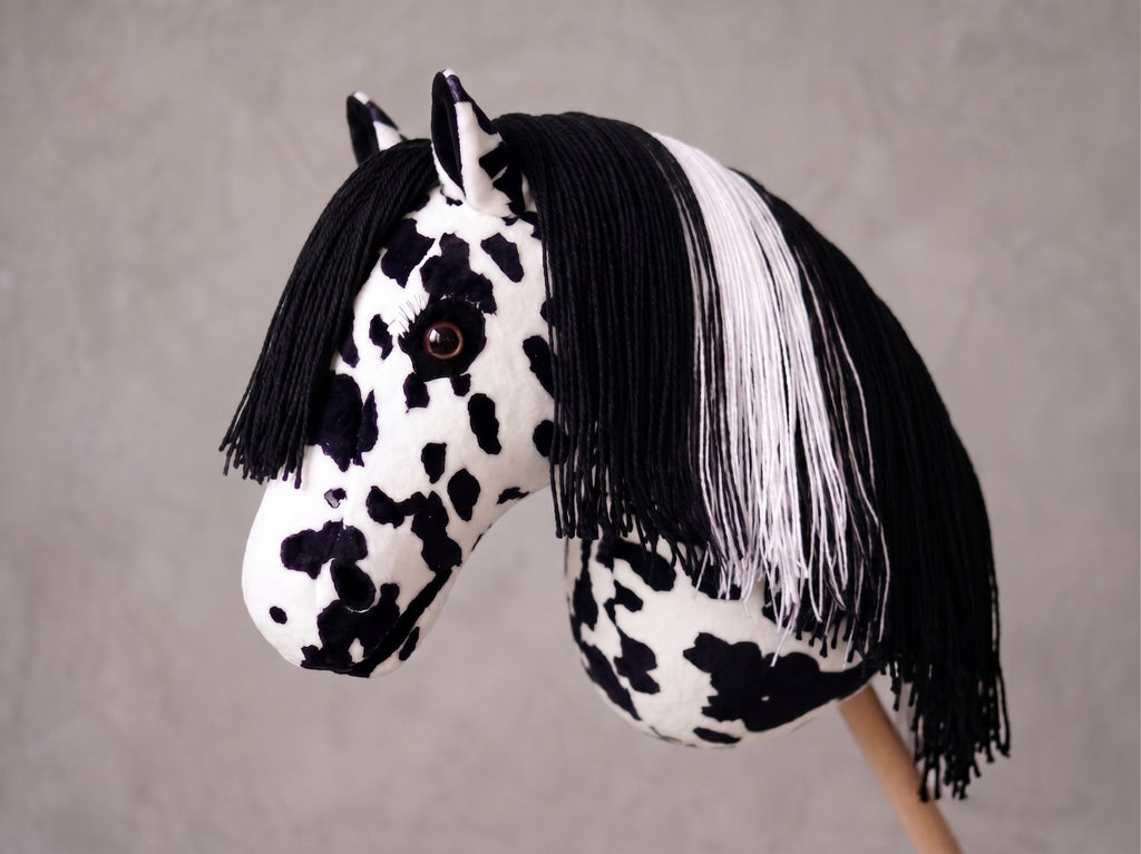 Spotted Stick Horse Toy, Black and White Appaloosa Hobby Horse for Kids Pretend Play, Free Halter Included, Horse Lover Gift