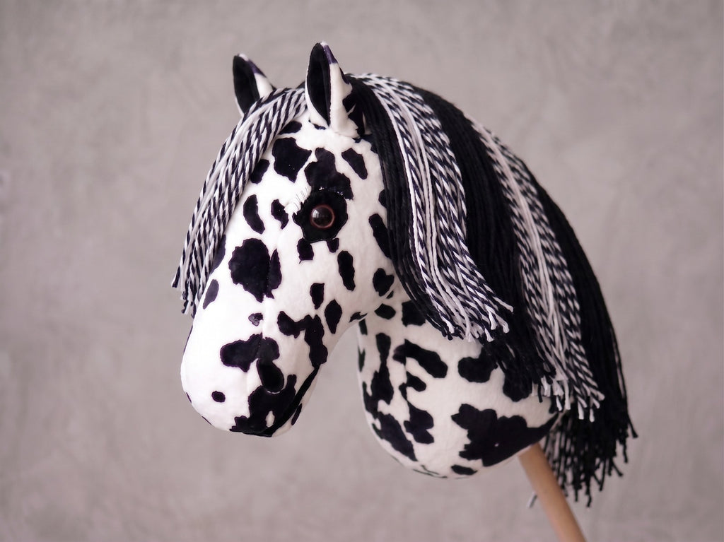 Spotted Stick Horse Toy, Black and White Appaloosa Hobby Horse for Kids Pretend Play, Free Halter Included, Horse Lover Gift