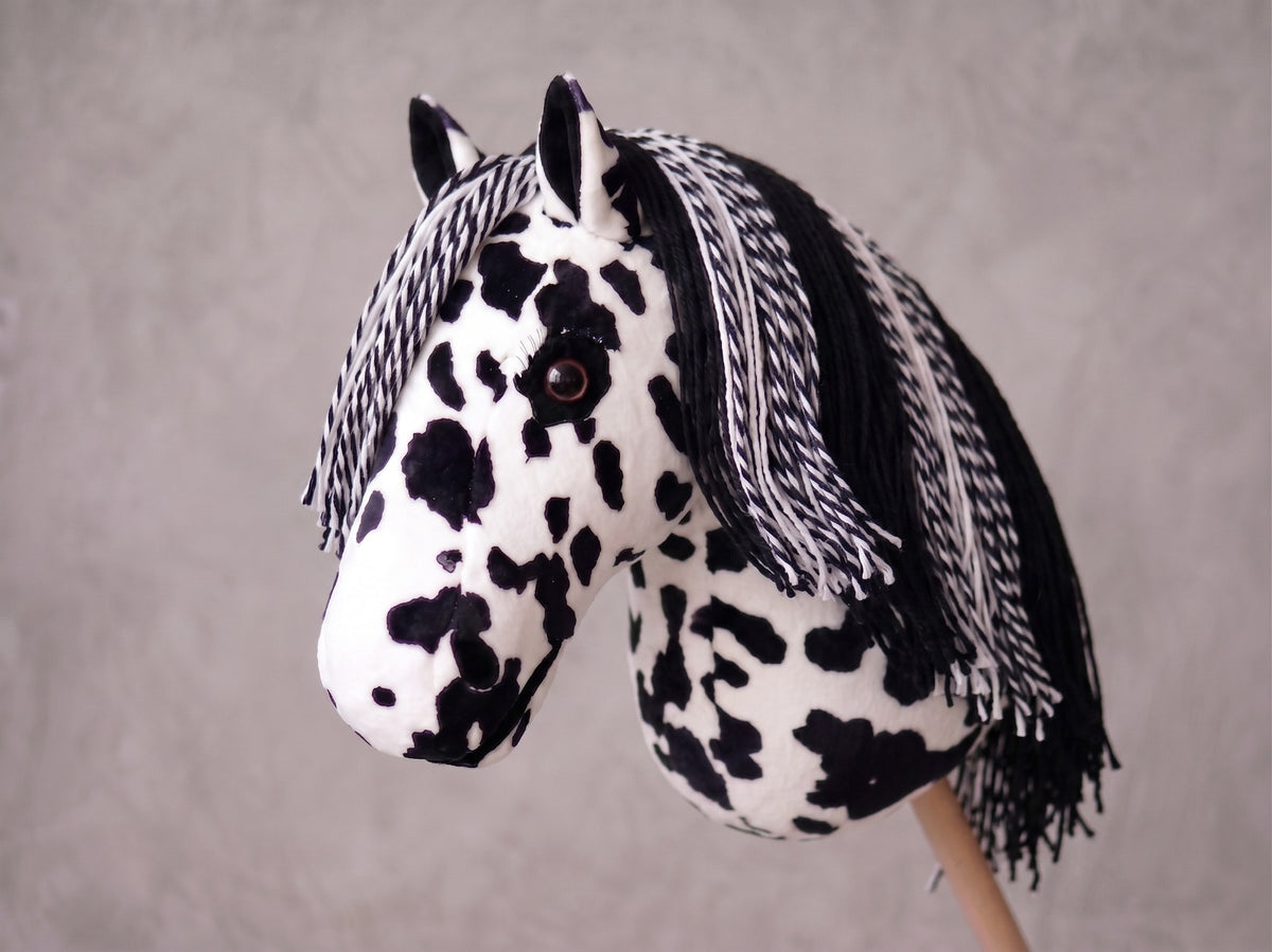 Spotted Stick Horse Toy, Black and White Appaloosa Hobby Horse for Kids Pretend Play, Free Halter Included, Horse Lover Gift