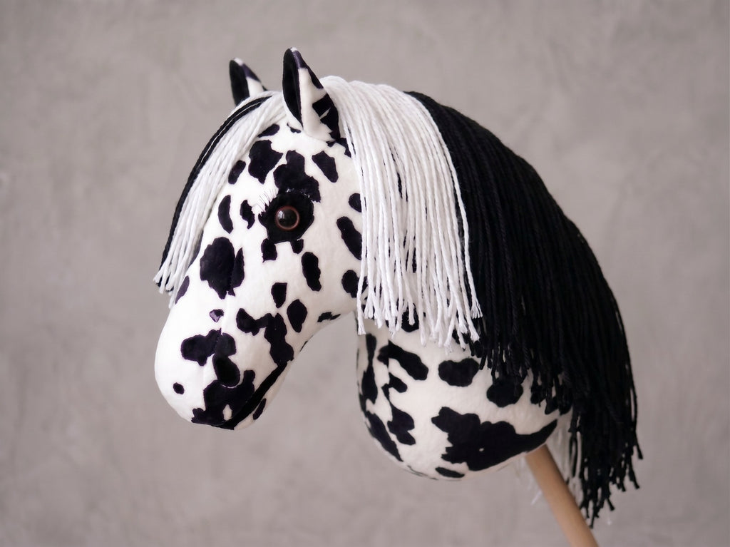 Spotted Stick Horse Toy, Black and White Appaloosa Hobby Horse for Kids Pretend Play, Free Halter Included, Horse Lover Gift
