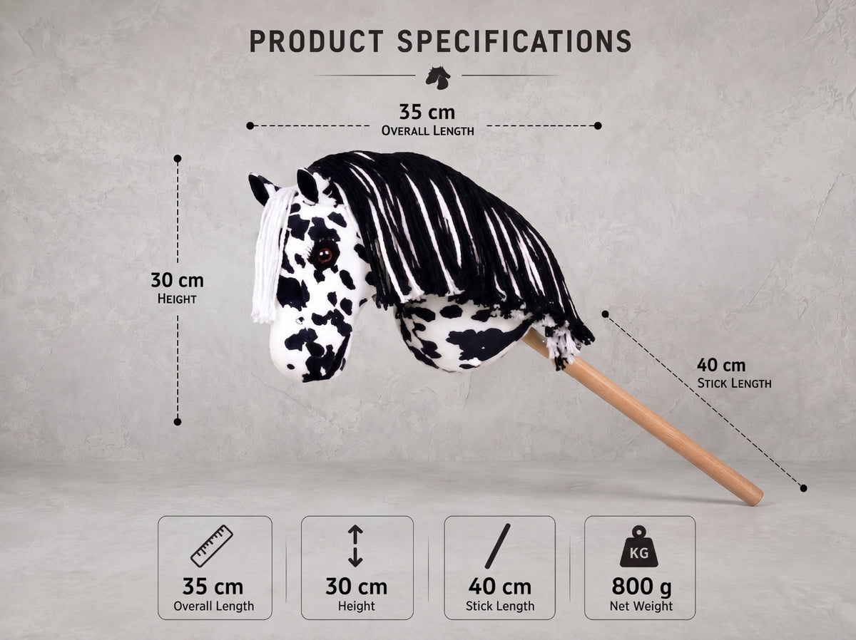 Spotted Stick Horse Toy, Black and White Appaloosa Hobby Horse for Kids Pretend Play, Free Halter Included, Horse Lover Gift