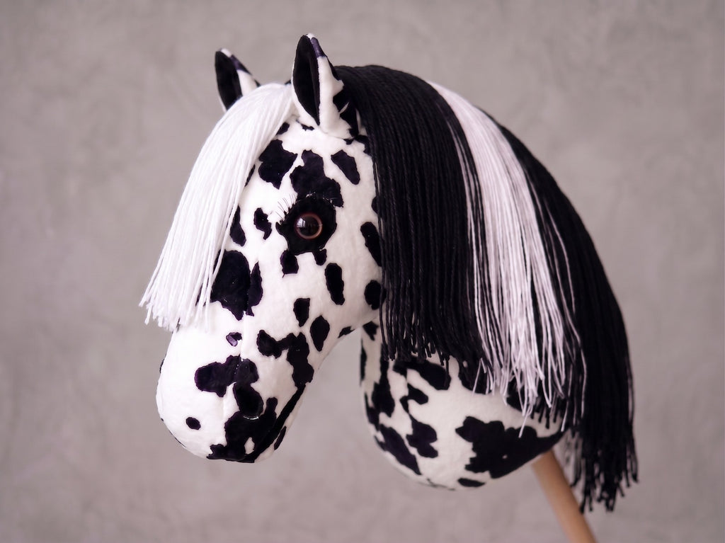 Spotted Stick Horse Toy, Black and White Appaloosa Hobby Horse for Kids Pretend Play, Free Halter Included, Horse Lover Gift
