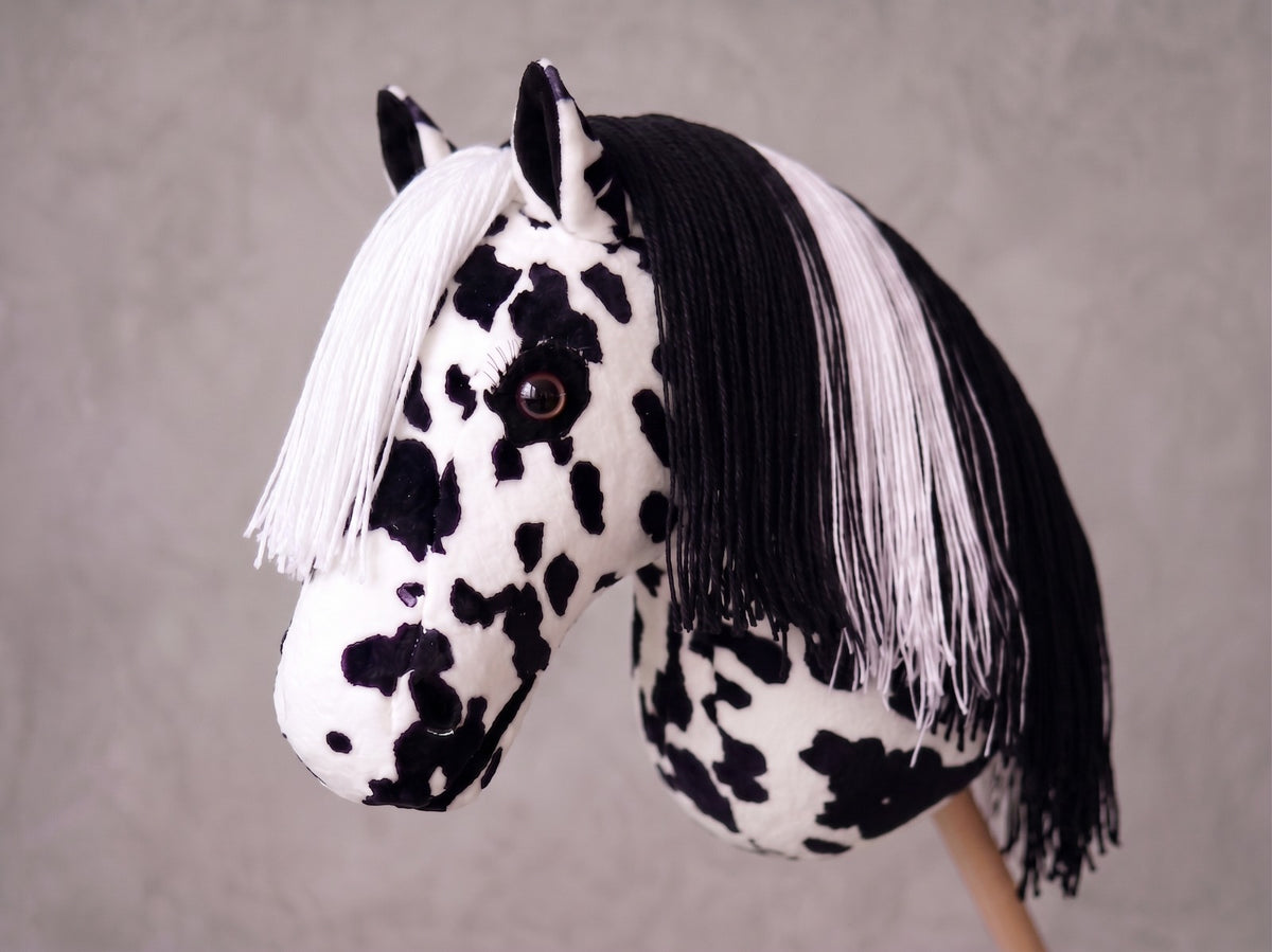 Spotted Stick Horse Toy, Black and White Appaloosa Hobby Horse for Kids Pretend Play, Free Halter Included, Horse Lover Gift