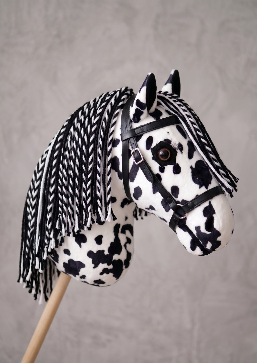 Spotted Stick Horse Toy, Black and White Appaloosa Hobby Horse for Kids Pretend Play, Free Halter Included, Horse Lover Gift