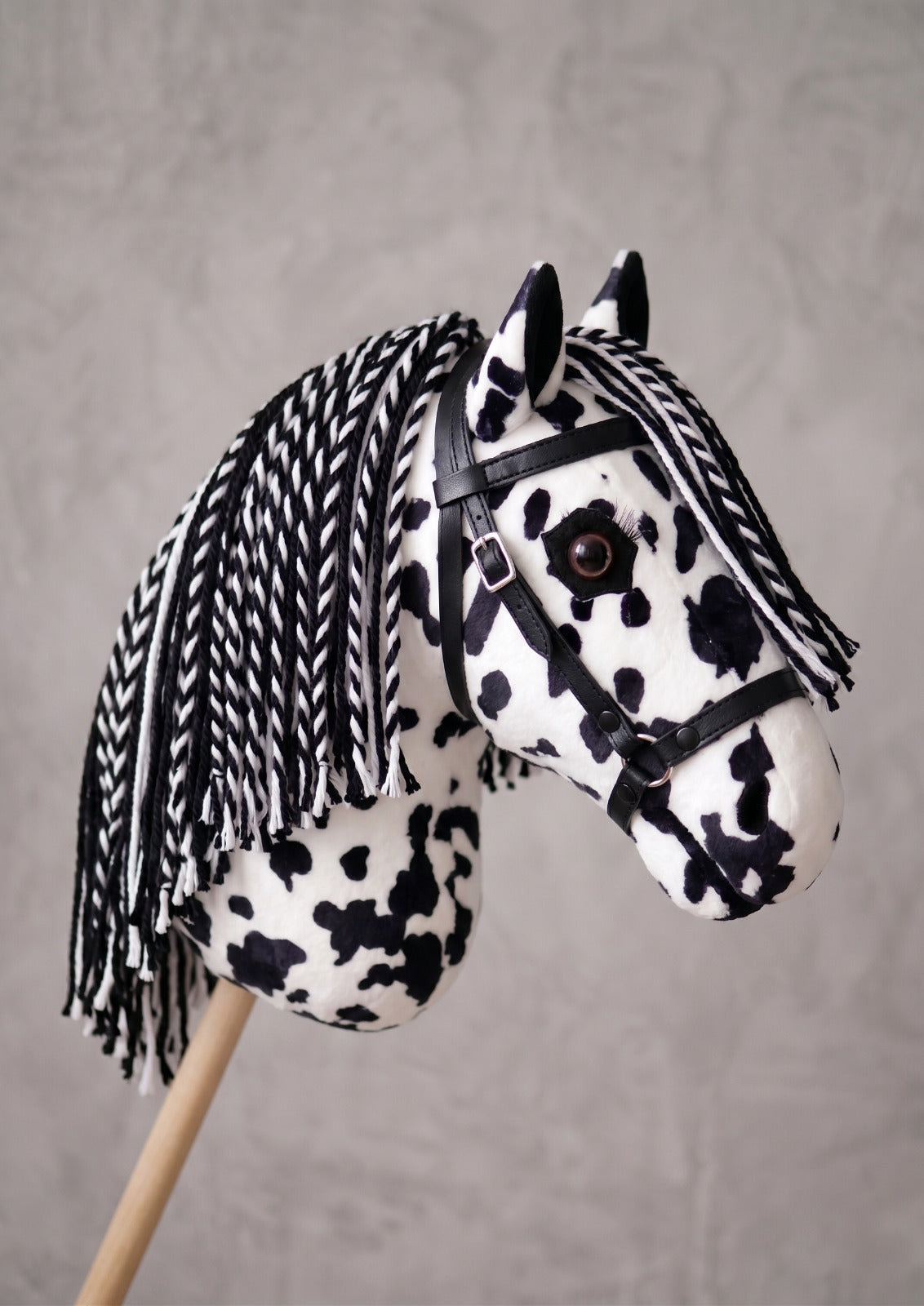 Spotted Stick Horse Toy, Black and White Appaloosa Hobby Horse for Kids Pretend Play, Free Halter Included, Horse Lover Gift
