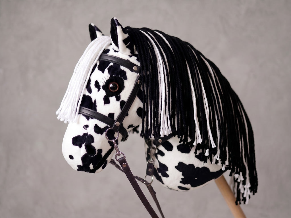 Spotted Stick Horse Toy, Black and White Appaloosa Hobby Horse for Kids Pretend Play, Free Halter Included, Horse Lover Gift