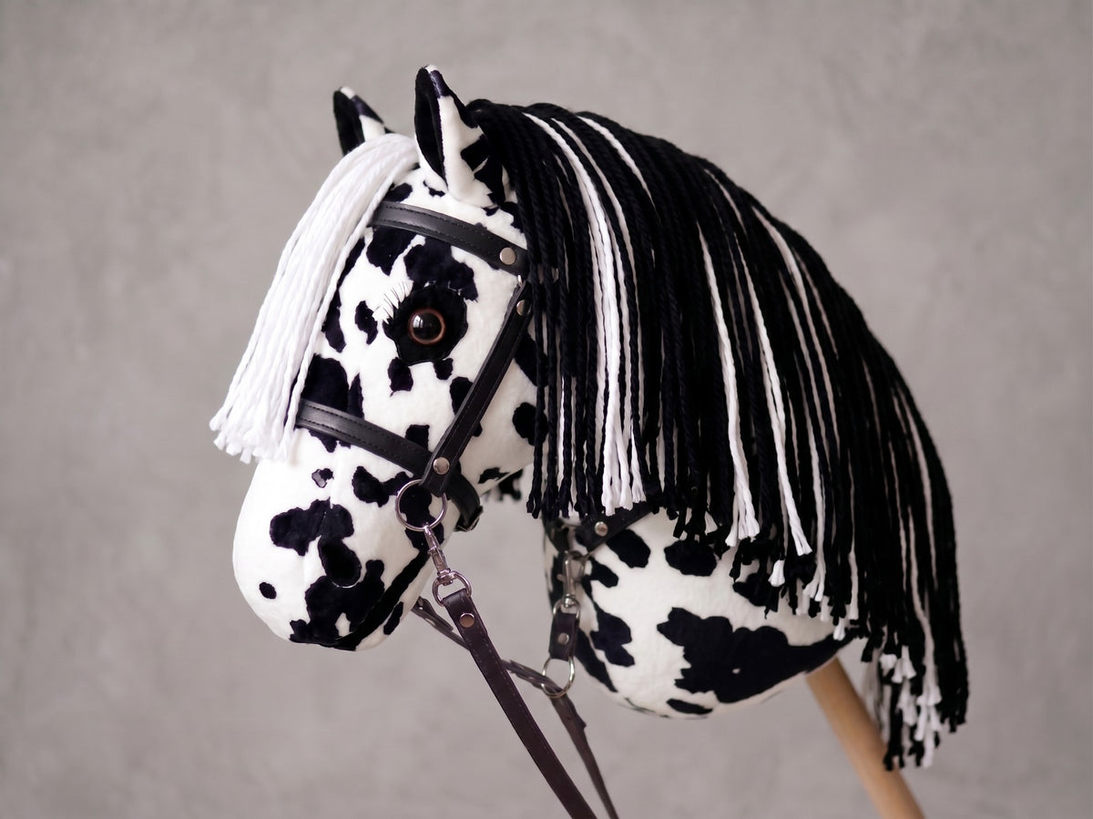 Spotted Stick Horse Toy, Black and White Appaloosa Hobby Horse for Kids Pretend Play, Free Halter Included, Horse Lover Gift