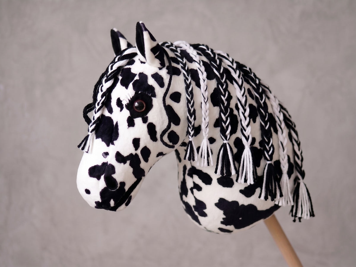 Spotted Stick Horse Toy, Black and White Appaloosa Hobby Horse for Kids Pretend Play, Free Halter Included, Horse Lover Gift