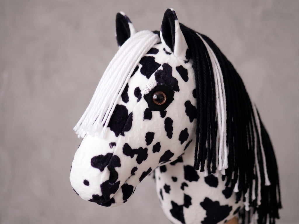 Spotted Stick Horse Toy, Black and White Appaloosa Hobby Horse for Kids Pretend Play, Free Halter Included, Horse Lover Gift