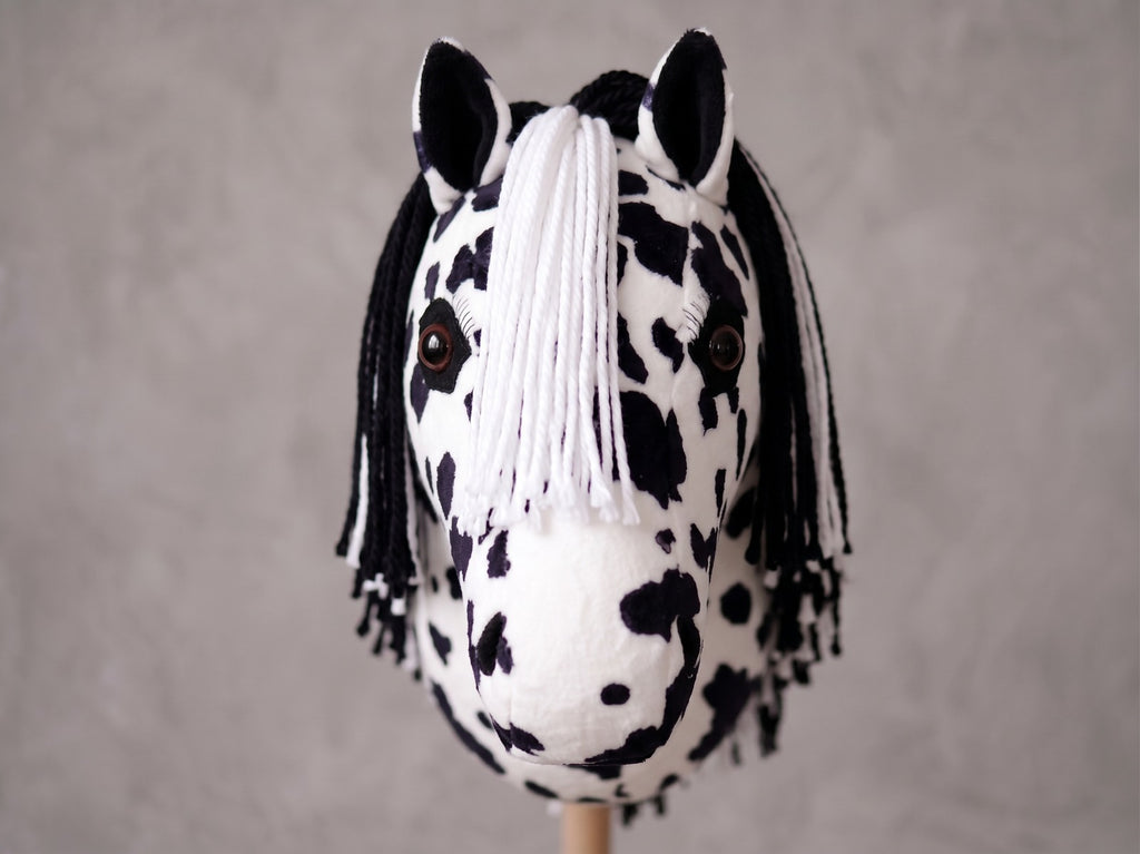 Spotted Stick Horse Toy, Black and White Appaloosa Hobby Horse for Kids Pretend Play, Free Halter Included, Horse Lover Gift