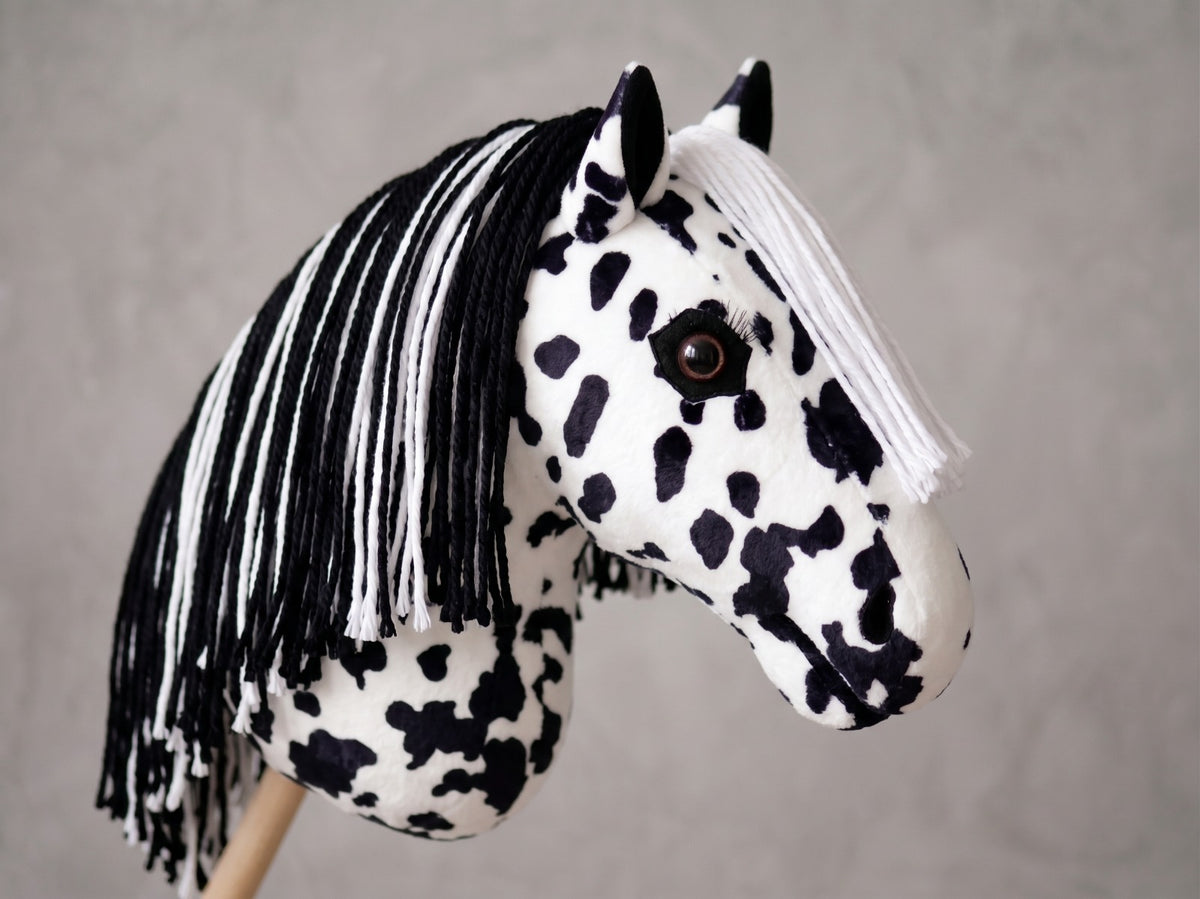 Spotted Stick Horse Toy, Black and White Appaloosa Hobby Horse for Kids Pretend Play, Free Halter Included, Horse Lover Gift