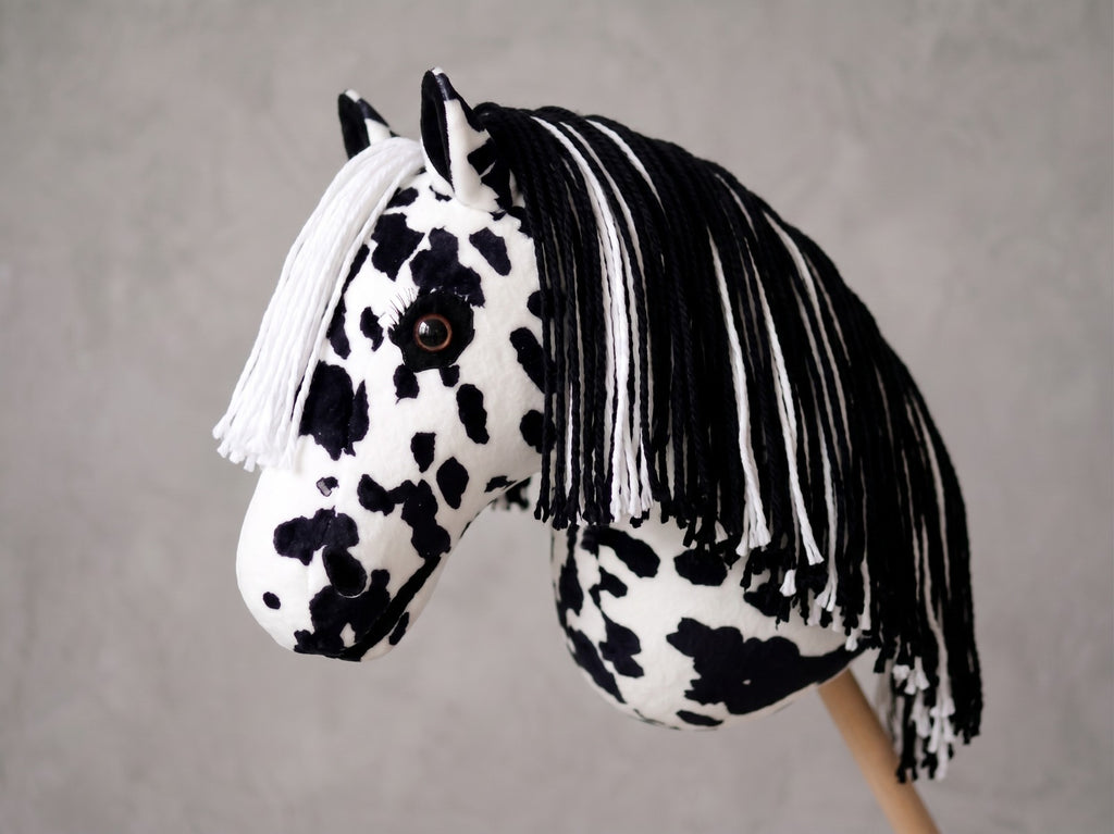 Spotted Stick Horse Toy, Black and White Appaloosa Hobby Horse for Kids Pretend Play, Free Halter Included, Horse Lover Gift