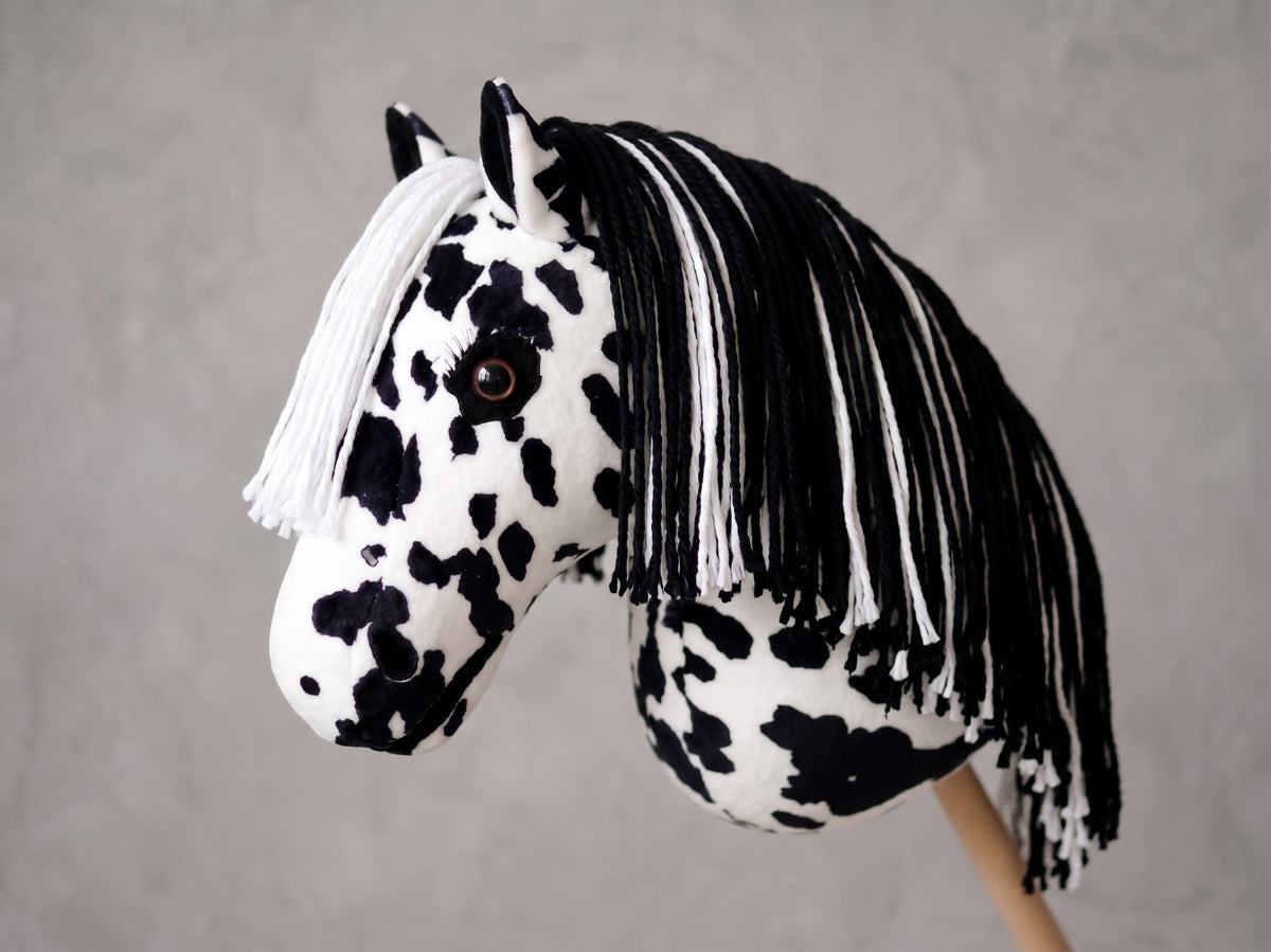 Spotted Stick Horse Toy, Black and White Appaloosa Hobby Horse for Kids Pretend Play, Free Halter Included, Horse Lover Gift