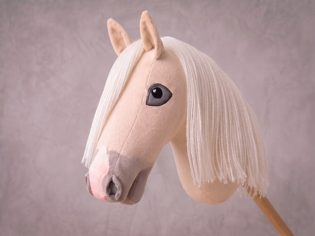 Palomino Stick Horse Toy, Cream Hobby Horse for Kids Pretend Play, White Mane Horse Lover Gift, Free Halter Included