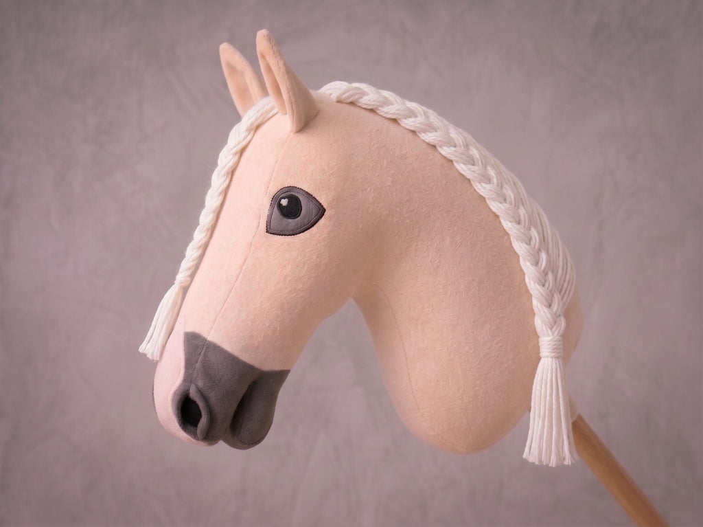 Palomino Stick Horse Toy, Cream Hobby Horse for Kids Pretend Play, White Mane Horse Lover Gift, Free Halter Included