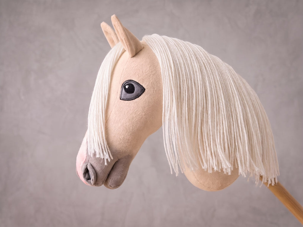 Palomino Stick Horse Toy, Cream Hobby Horse for Kids Pretend Play, White Mane Horse Lover Gift, Free Halter Included