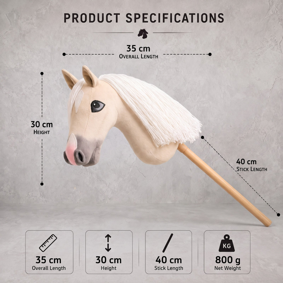 Palomino Stick Horse Toy, Cream Hobby Horse for Kids Pretend Play, White Mane Horse Lover Gift, Free Halter Included