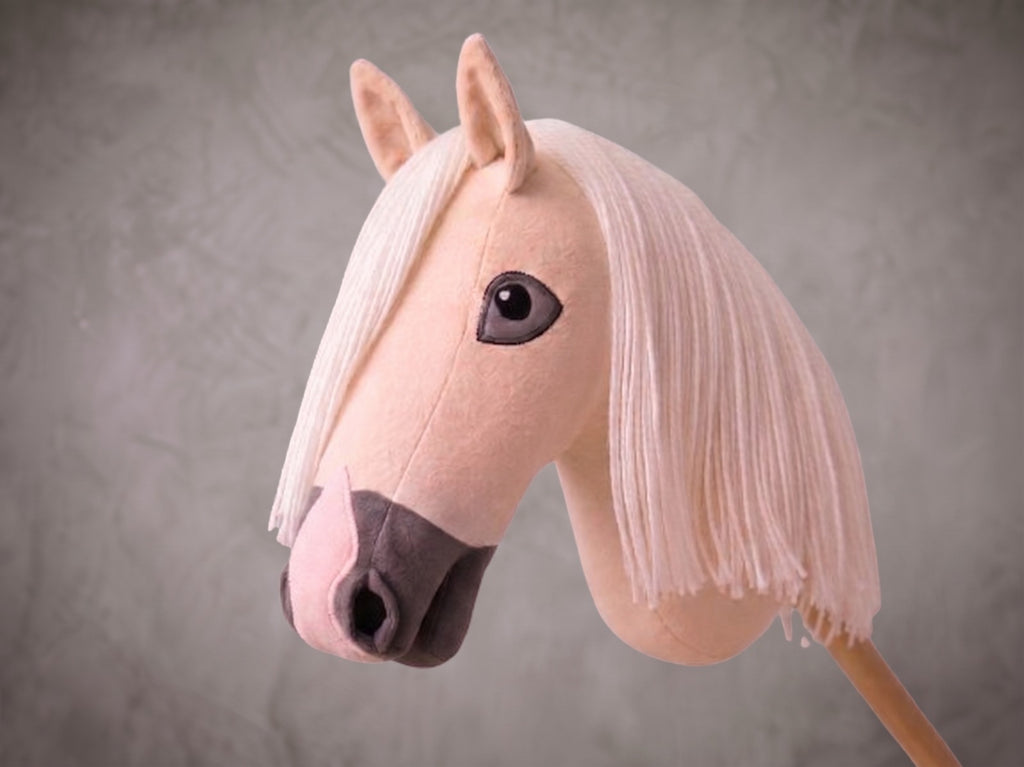 Palomino Stick Horse Toy, Cream Hobby Horse for Kids Pretend Play, White Mane Horse Lover Gift, Free Halter Included