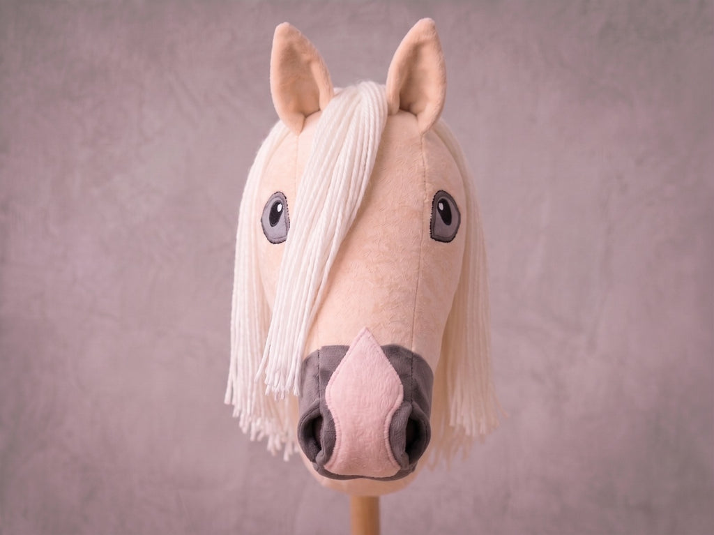 Palomino Stick Horse Toy, Cream Hobby Horse for Kids Pretend Play, White Mane Horse Lover Gift, Free Halter Included