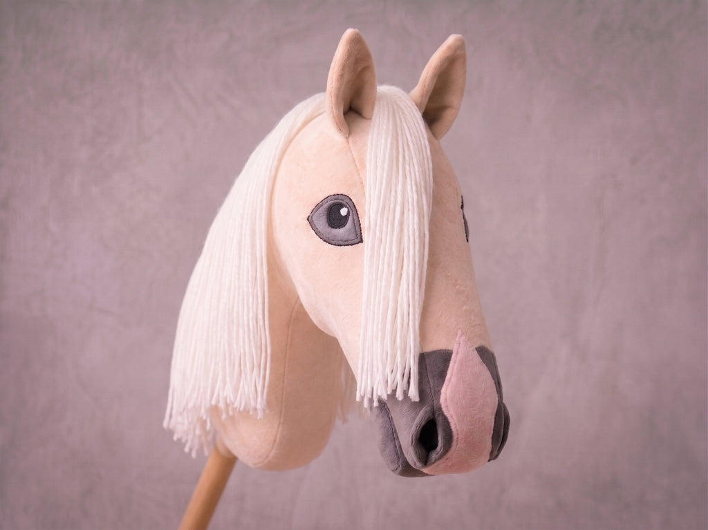 Palomino Stick Horse Toy, Cream Hobby Horse for Kids Pretend Play, White Mane Horse Lover Gift, Free Halter Included