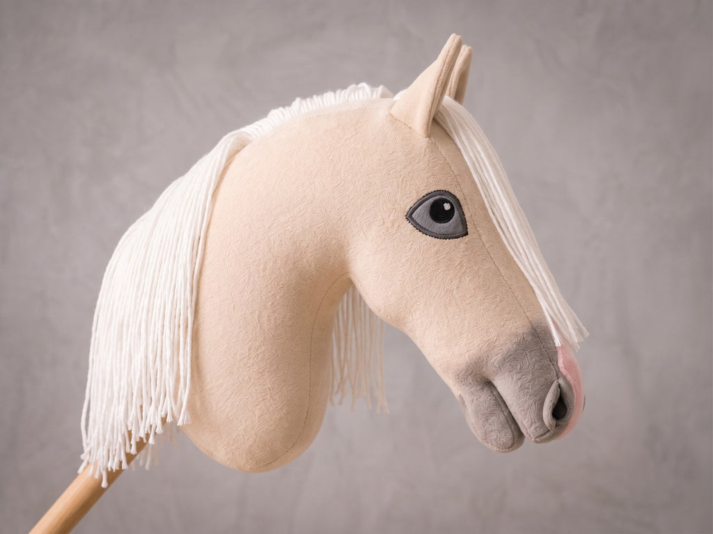 Palomino Stick Horse Toy, Cream Hobby Horse for Kids Pretend Play, White Mane Horse Lover Gift, Free Halter Included