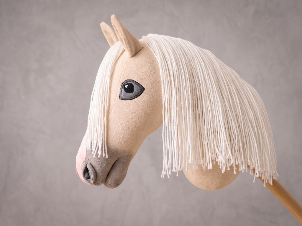 Palomino Stick Horse Toy, Cream Hobby Horse for Kids Pretend Play, White Mane Horse Lover Gift, Free Halter Included