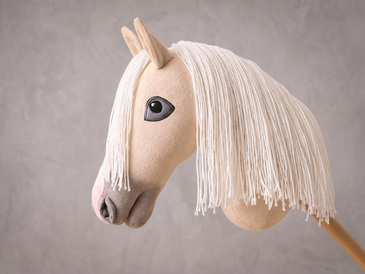 Palomino Stick Horse Toy, Cream Hobby Horse for Kids Pretend Play, White Mane Horse Lover Gift, Free Halter Included