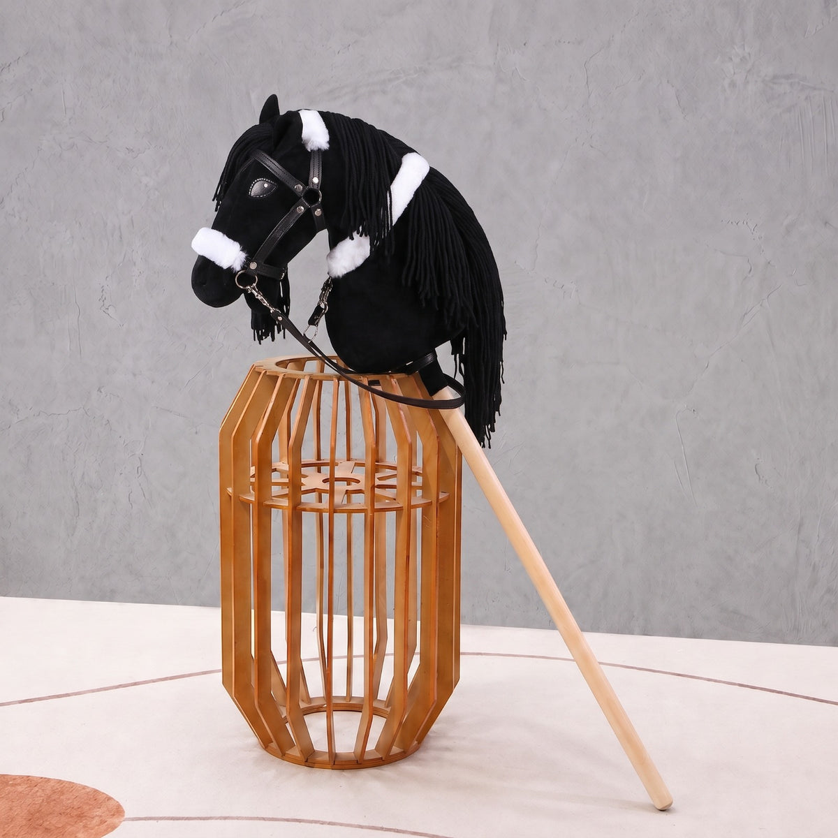 Black Stick Horse Toy, Elegant Midnight Hobby Horse for Kids Pretend Play, Fluffy Halter Included, Horse Lover Gift