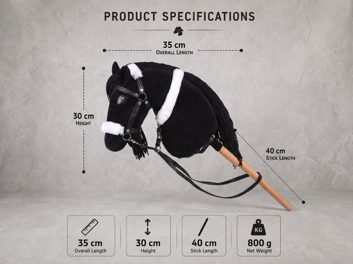 Black Stick Horse Toy, Elegant Midnight Hobby Horse for Kids Pretend Play, Fluffy Halter Included, Horse Lover Gift