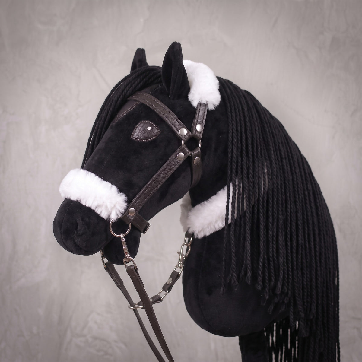 Black Stick Horse Toy, Elegant Midnight Hobby Horse for Kids Pretend Play, Fluffy Halter Included, Horse Lover Gift
