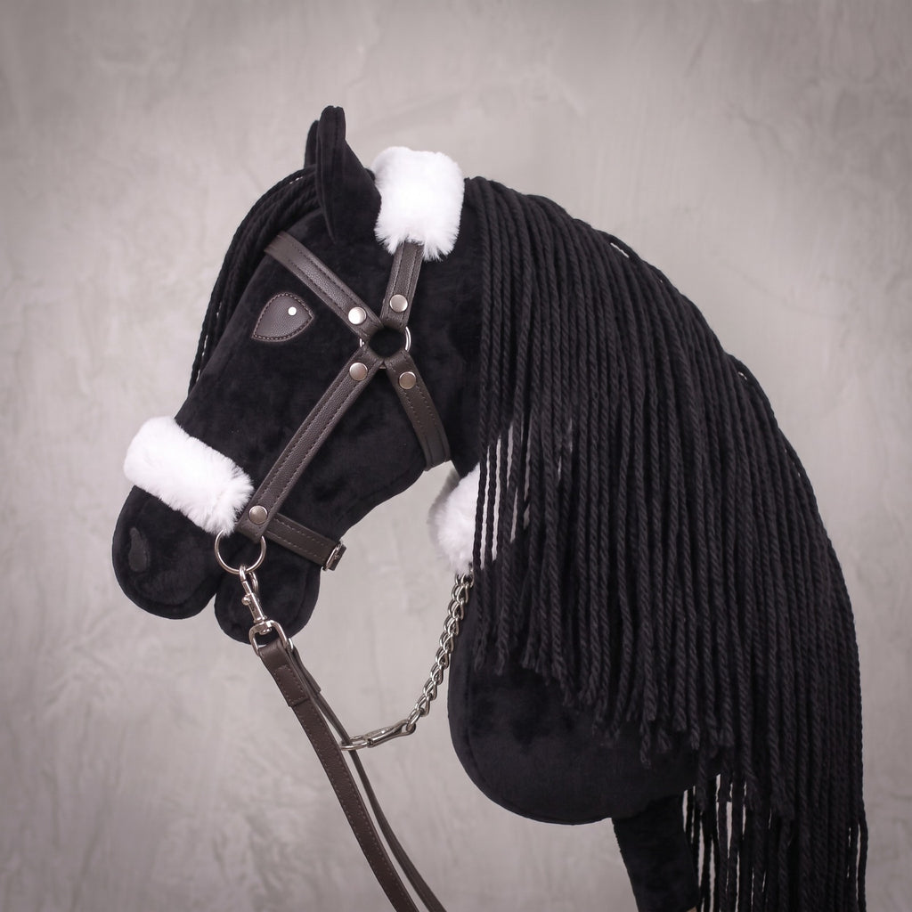 Black Stick Horse Toy, Elegant Midnight Hobby Horse for Kids Pretend Play, Fluffy Halter Included, Horse Lover Gift