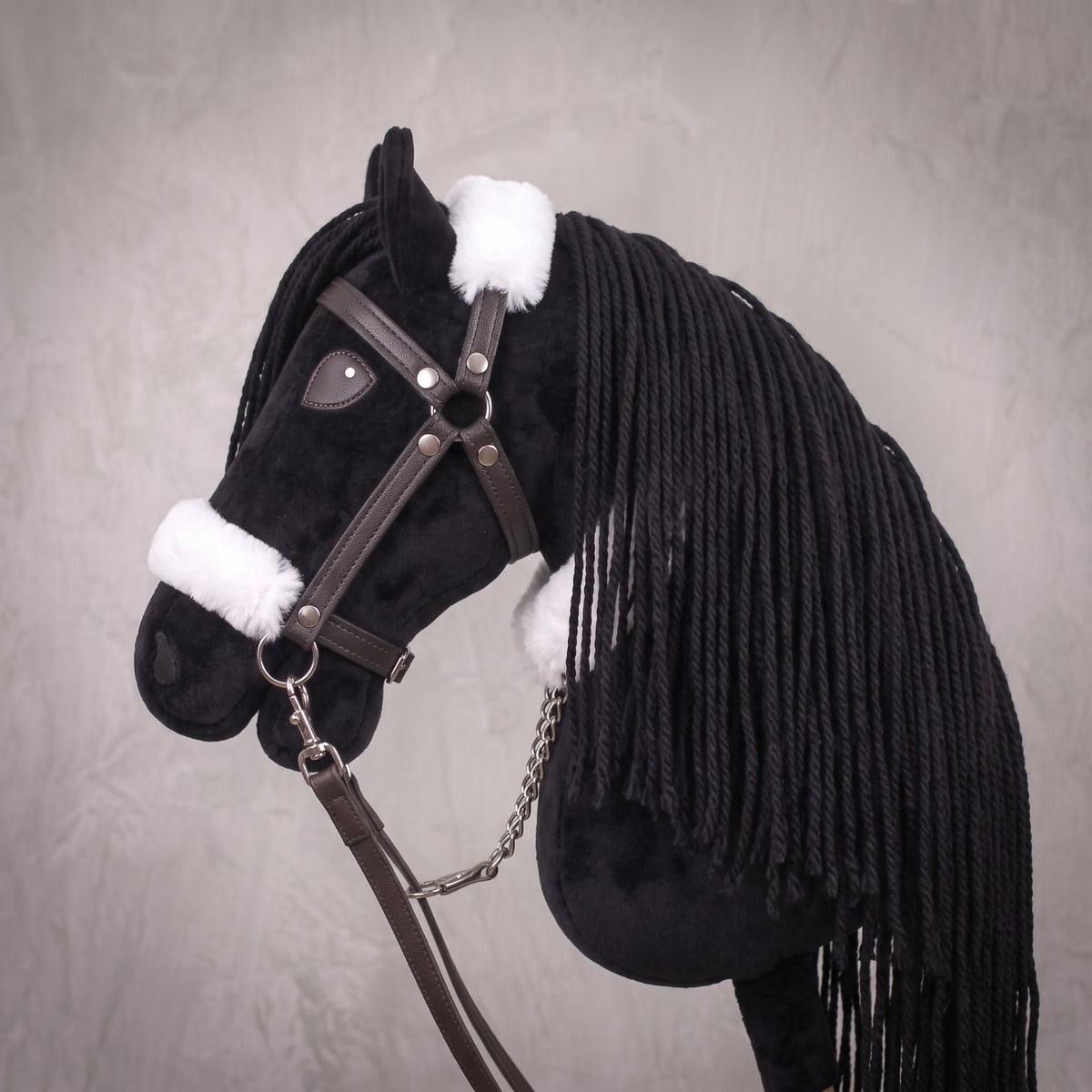 Black Stick Horse Toy, Elegant Midnight Hobby Horse for Kids Pretend Play, Fluffy Halter Included, Horse Lover Gift