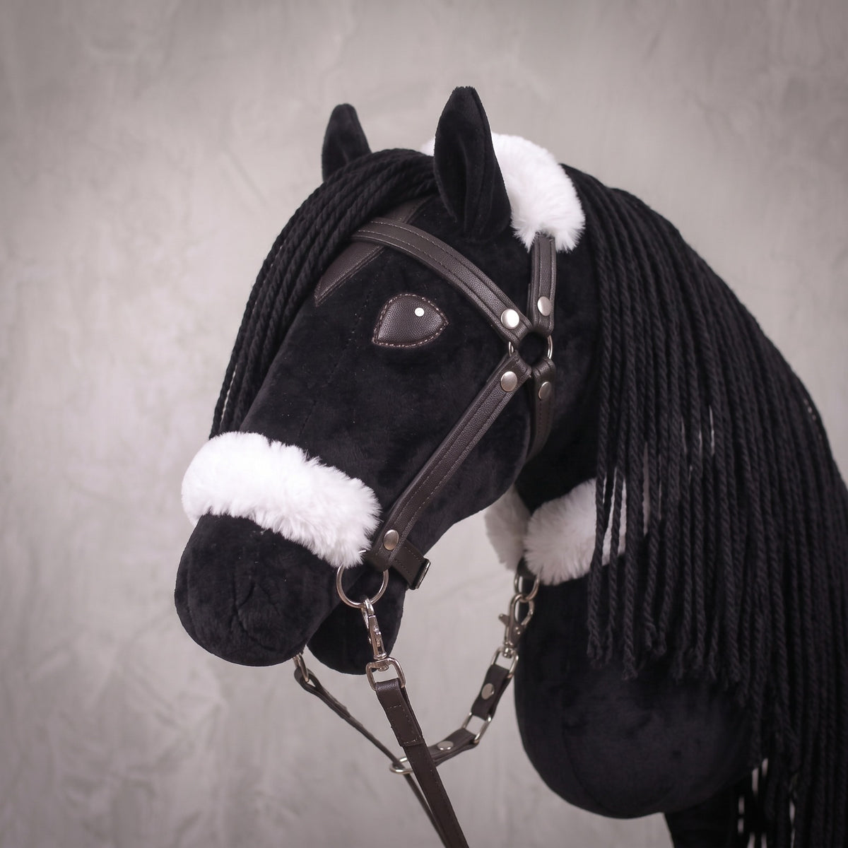 Black Stick Horse Toy, Elegant Midnight Hobby Horse for Kids Pretend Play, Fluffy Halter Included, Horse Lover Gift