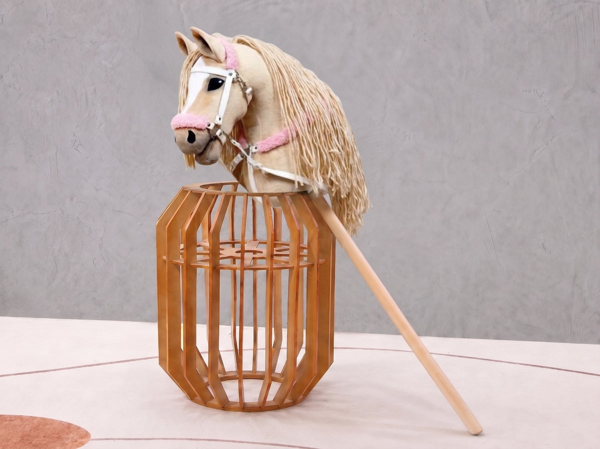 Beige Stick Horse Toy with Long Mane, Palomino Hobby Horse for Kids Pretend Play, Pink Fluffy Halter Included, Horse Lover Gift