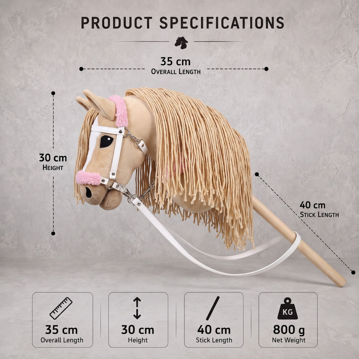Beige Stick Horse Toy with Long Mane, Palomino Hobby Horse for Kids Pretend Play, Pink Fluffy Halter Included, Horse Lover Gift