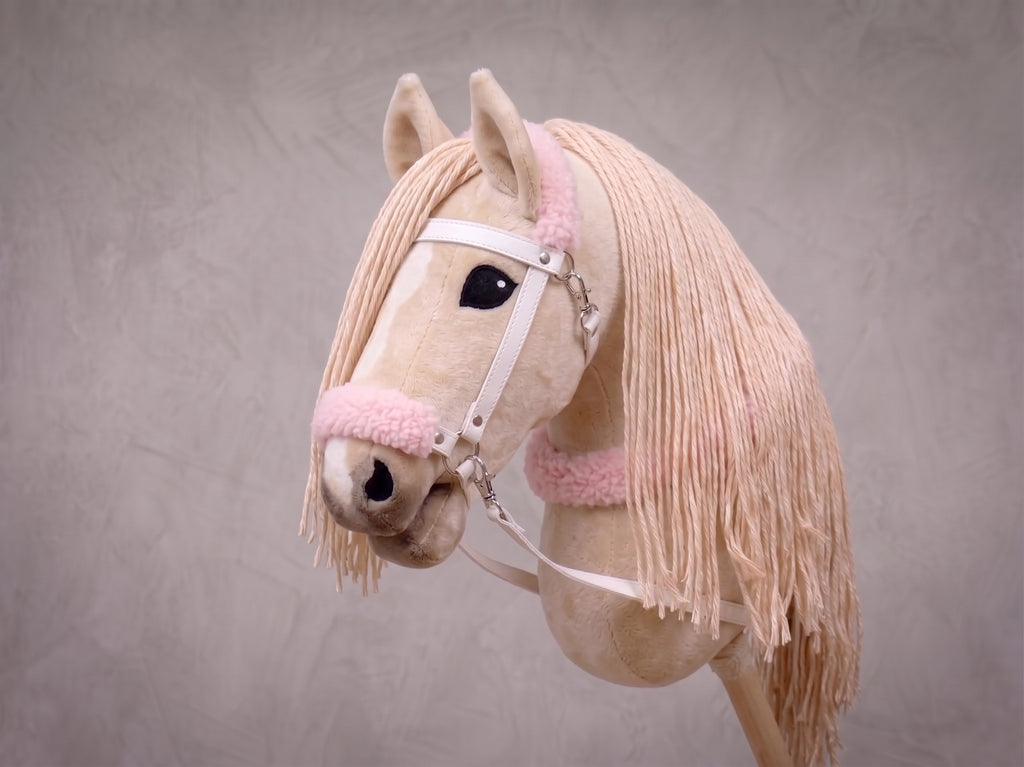 Beige Stick Horse Toy with Long Mane, Palomino Hobby Horse for Kids Pretend Play, Pink Fluffy Halter Included, Horse Lover Gift