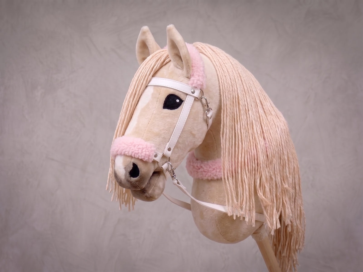 Beige Stick Horse Toy with Long Mane, Palomino Hobby Horse for Kids Pretend Play, Pink Fluffy Halter Included, Horse Lover Gift