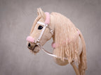 Beige Stick Horse Toy with Long Mane, Palomino Hobby Horse for Kids Pretend Play, Pink Fluffy Halter Included, Horse Lover Gift